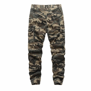 Rear view of camo cargo pants with pocket details and elastic cuffs on white background