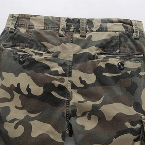 Detail of woodland camouflage cargo pants showing back pockets with black resin buttons