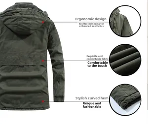 Dettaglio del parka con cappuccio oliva con cuciture rinforzate e orlo curvo