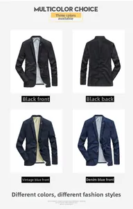 Vues avant et arrière de vestes blazer en jean ajustées en couleurs noir et bleu denim