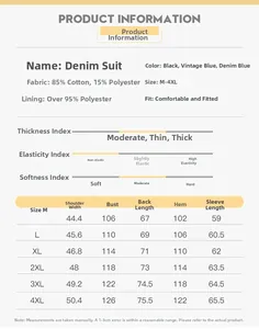 Tableau des tailles pour vestes en jean avec détails du tissu et mesures du M au 4XL