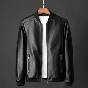 Herren PU Lederjacke Stehkragen Bomberjacke Mit Gerippten Bündchen Reißverschlusstaschen Einfarbig Casual Kunstlederjacke Für Herren