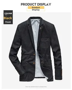 Détail à plat d'un blazer de travail en denim noir montrant le revers et la texture
