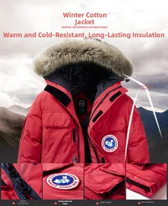 Dettaglio parka invernale rosso con tessuto impermeabile, cappuccio in pelliccia e stemmi