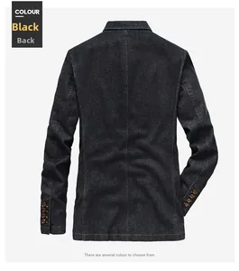 Vue détaillée du dos d'un blazer en denim noir montrant la texture sergée et boutons