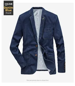 Détail d'un blazer en denim bleu foncé avec revers crantés et boutons effet ambre