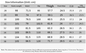 Detailed size chart for men cargo pants showing length waist and hip measurements