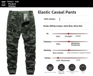 Detail of 100% cotton camouflage cargo pants showing fabric texture and pocket structure