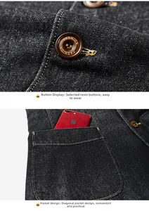 Détail d'une veste en jean noire montrant un bouton en résine et une poche latérale
