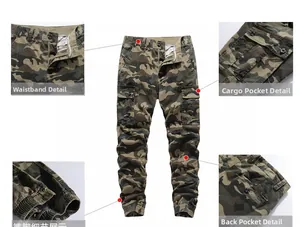 Detail view of camouflage cargo pants with utility pockets and elastic ankle cuffs