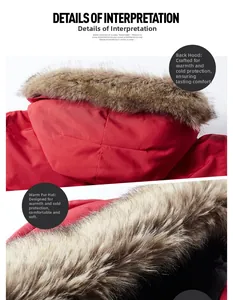 Dettaglio del parka invernale rosso con cappuccio in ecopelliccia e tessuto lucido antivento