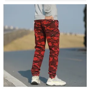 Rear view of men's red camouflage cargo pants with jogger cuffs and side flap pockets