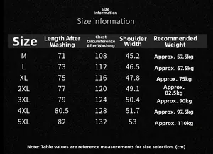 Tableau des tailles détaillé pour chemises décontractées homme en coton du M au 5XL