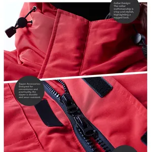 Dettaglio parka invernale rosso con coulisse regolabile e cerniere metalliche doppie