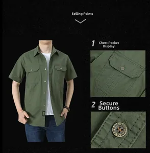 Vues détaillées de la chemise cargo en coton montrant le tissu olive et le bouton en métal