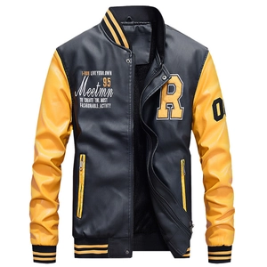 Men's black and yellow PU leather varsity jacket with R patch and rib-knit cuffs