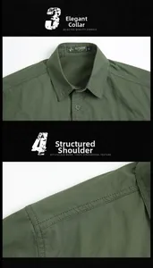 Gros plan détaillé du col de chemise vert armée et de la couture double à l'épaule