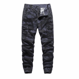 Men's loose cargo joggers with dark camouflage pattern and elastic cuffs for casual wear