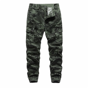 Men's camouflage cargo jogger pants with side flap pockets and elastic cuffs
