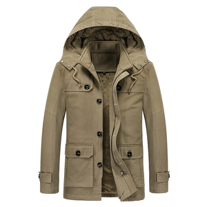 Khakifarbene Herren-Baumwolljacke mit Fleece-Futter und Kapuze für Herbst und Winter