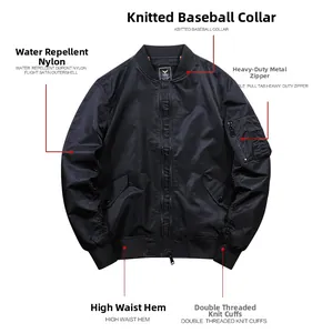 Detail of MA1 flight jacket featuring heavy metal zipper and waterproof nylon fabric