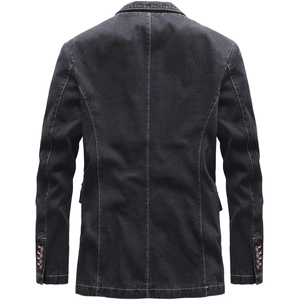 Slim fit men's washed denim blazer in dark gray with tailored back seams and buttoned cuffs