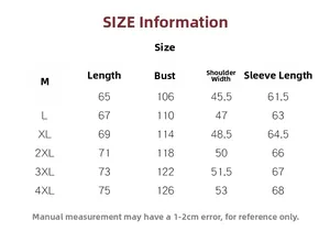 Detailed size chart for men's bomber jacket showing measurements for M to 4XL sizes
