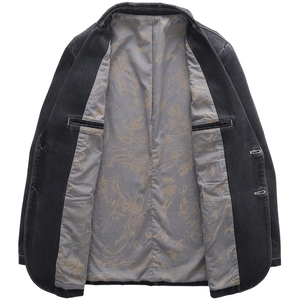 Men's casual slim fit denim jacket with dragon print lining and contrast stitching details
