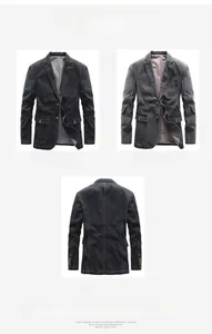 Detail view of men slim fit denim blazer jackets in black and gray with notch lapels