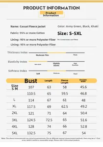 Size chart for casual fleece jacket showing chest, length, sleeve, and shoulder measurements