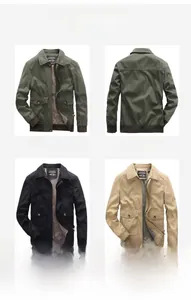 Detailed views of men's multi-pocket cargo jacket in army green, black and khaki colors