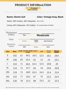 Detailed size chart for men's denim suit blazer with measurements in ancient grey and black