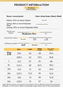 Size chart table for casual cotton work jackets showing measurements from S to 5XL sizes