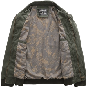 Men's olive green cotton work jacket with printed lining and inner storage pockets