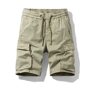 Slim fit khaki cargo shorts for men featuring elastic drawstring waist and side flap pockets