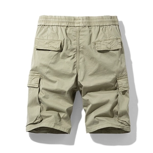 Slim fit khaki cargo shorts for men featuring multiple pockets and elastic waistband