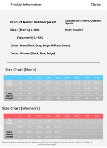 Detaillierte Größentabelle für Outdoor-Jacken mit Maßen von L bis 8XL für Damen und Herren