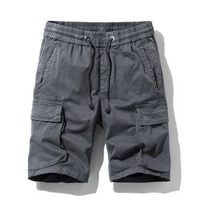 Men's dark grey cargo shorts with elastic drawstring waist and side flap pockets