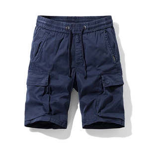 Men's dark blue cargo shorts with elastic drawstring waist and side flap pockets