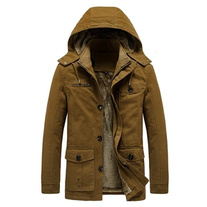 Herren Kapuzenjacke aus Baumwolle in Khaki mit dickem Fleecefutter und Taschen