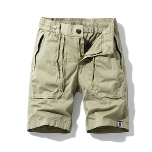 Olive green cargo shorts with elastic drawstring waist and large utility side pockets