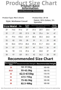 Detailed size chart for men's cotton cargo shorts showing waist and height measurements