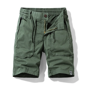 Front view of dark army green cargo shorts with elastic waist and multiple pockets