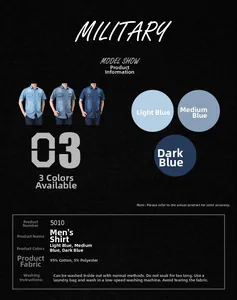 Detailed comparison of vintage men's short sleeve denim shirts in light, medium and dark blue