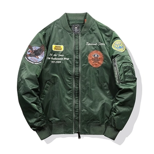 Men's dark green MA-1 bomber jacket featuring military embroidery and nylon finish