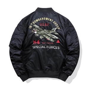 Men's black bomber jacket with detailed military embroidery on the back and ribbed collar