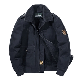Men's navy blue padded bomber jacket with thick faux fur collar and military embroidery
