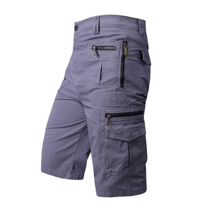 Men's loose multi-pocket grey-blue cotton cargo shorts for casual outdoor wear
