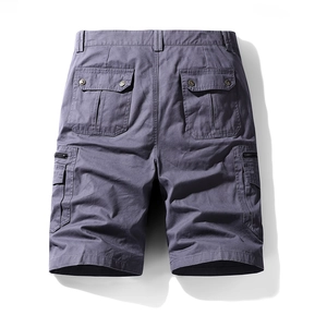 Herren Sommer Cargo-Shorts aus Baumwolle in Blaugrau, flache Rückansicht mit Taschen