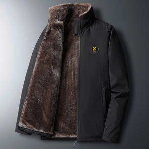 Men winter windproof jacket in black with thick warm brown fleece lining for cold weather